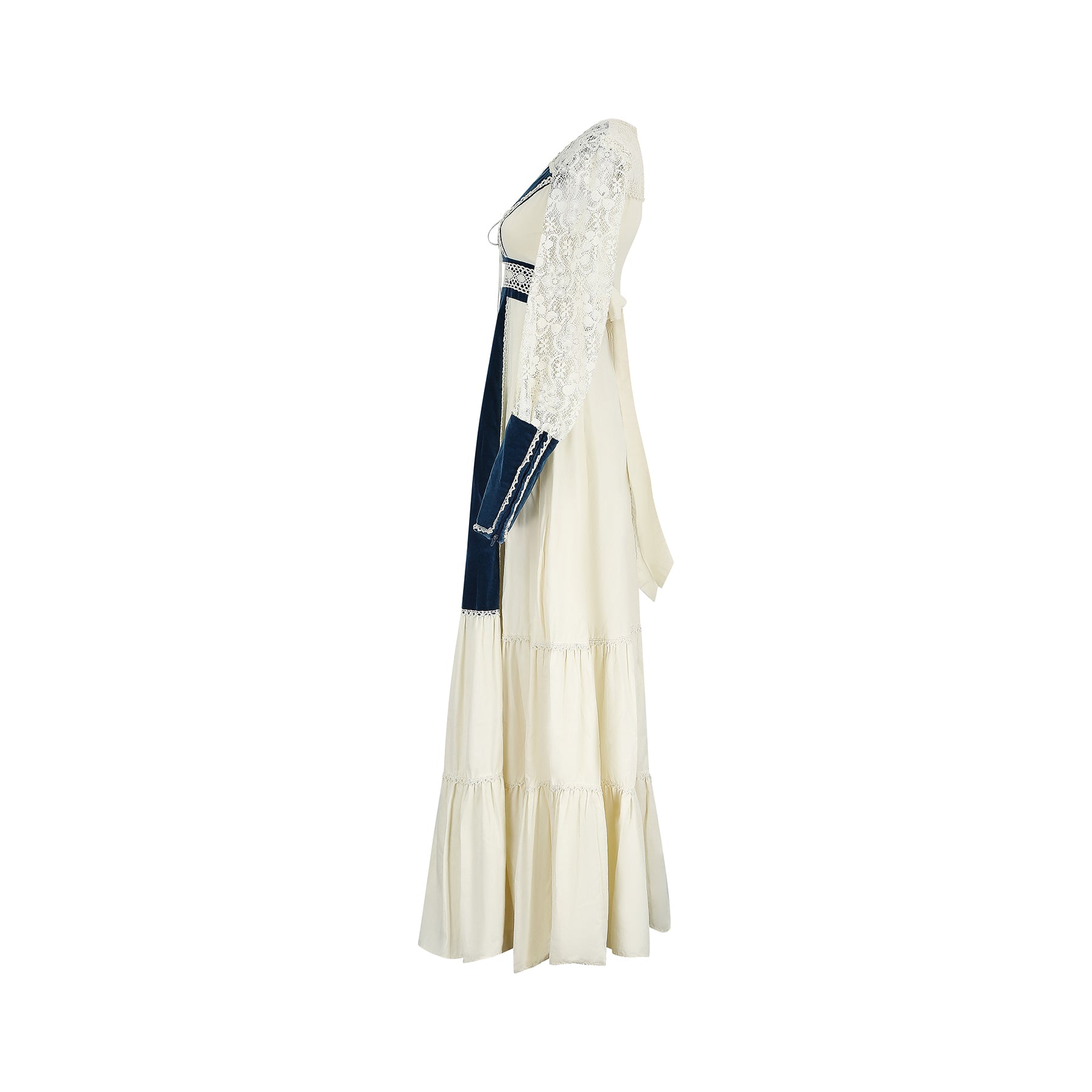 ARCHIVE: 1970s Gunne Sax Cotton Lace and Teal Velvet Dress