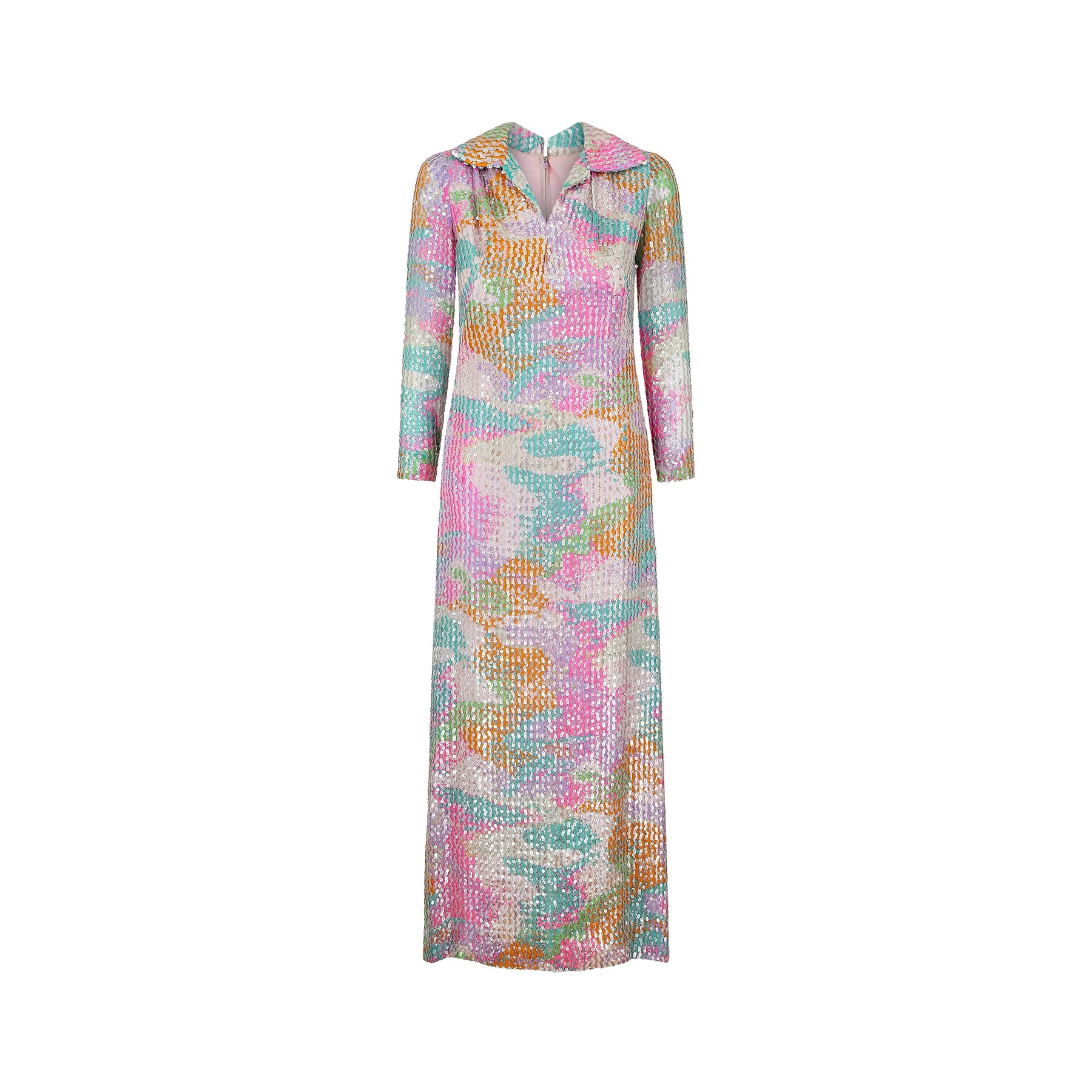 1970s Lee Jordan Multi-Coloured Sequin Maxi Dress