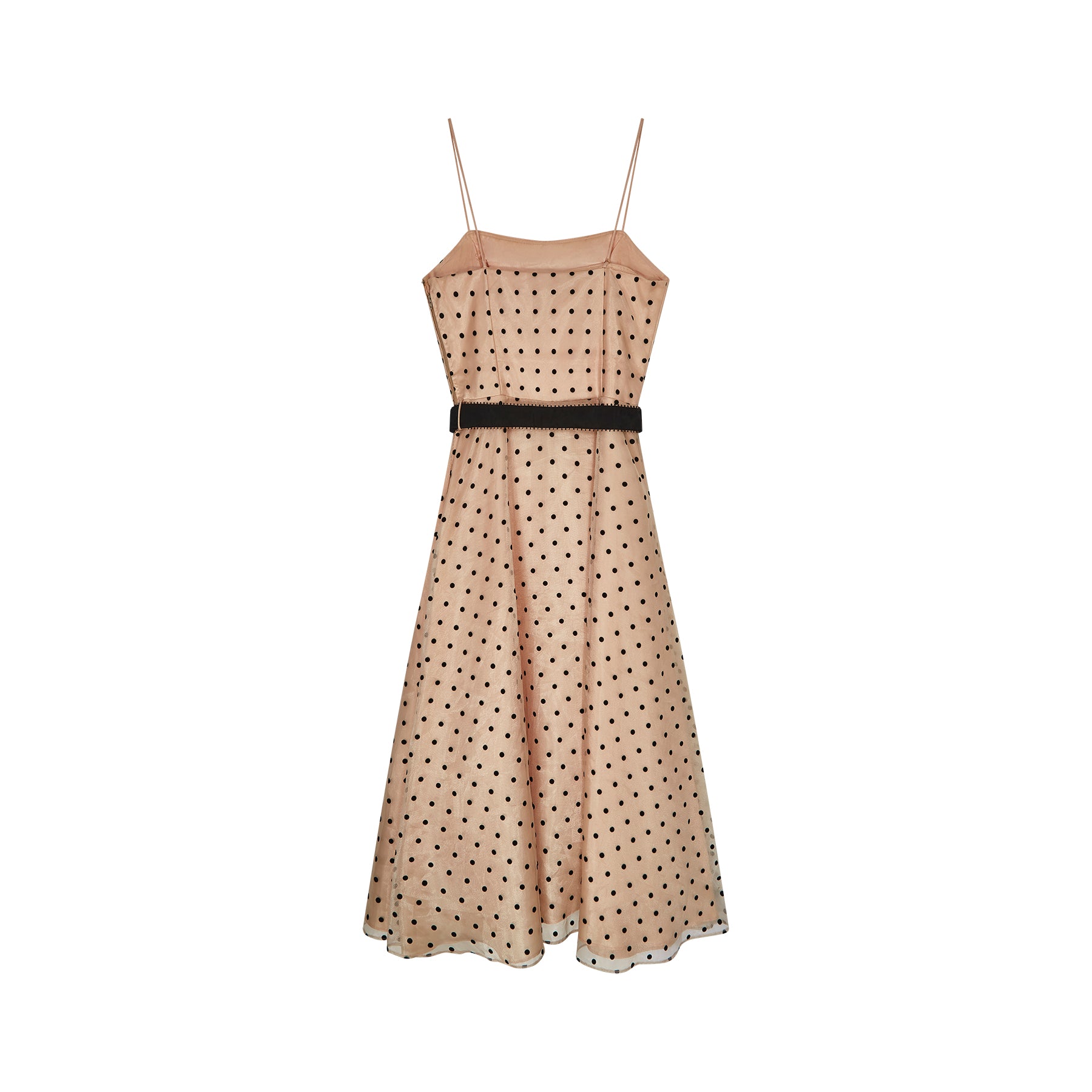 1970s Peach and Black Velvet Polka Dot Dress