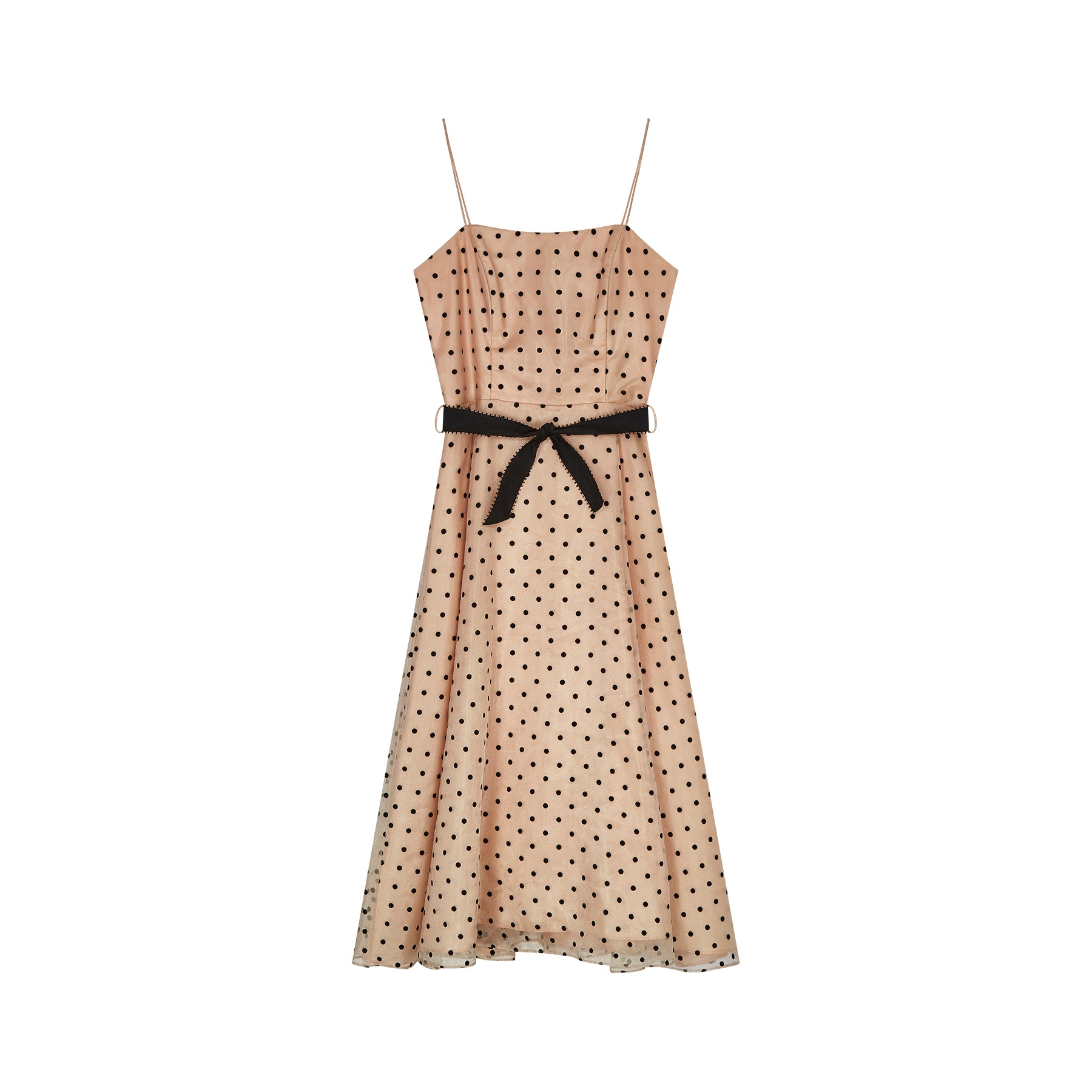 1970s Peach and Black Velvet Polka Dot Dress