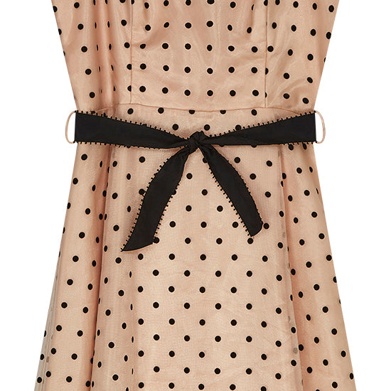 1970s Peach and Black Velvet Polka Dot Dress