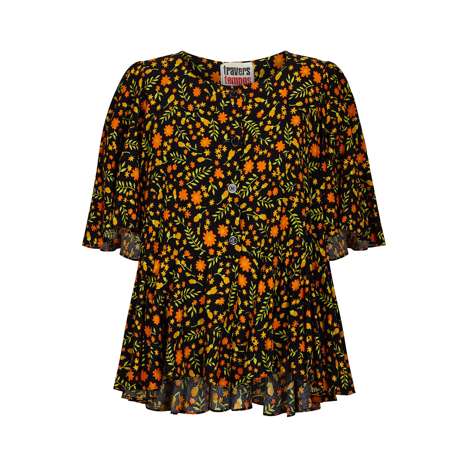 1970s Travers Tempos Flock-Cotton Floral Oversized Blouse