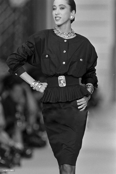 1986 Runway Chanel Black Cotton Peplum Dress