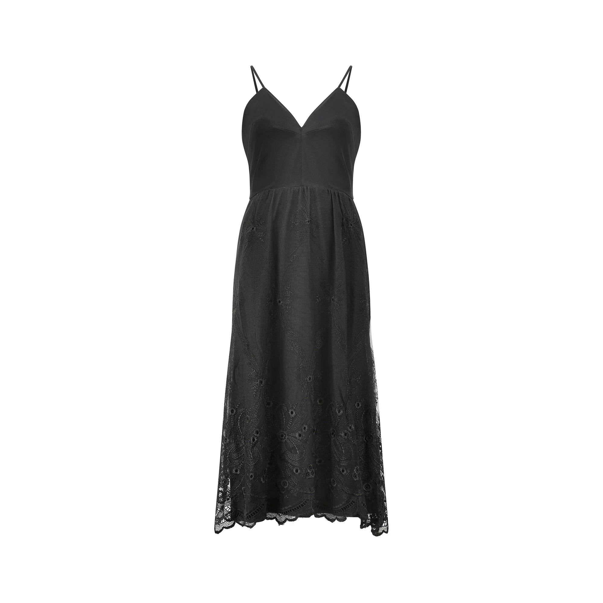 1980s Frank Usher Black Jersey and Lace Slip Dress