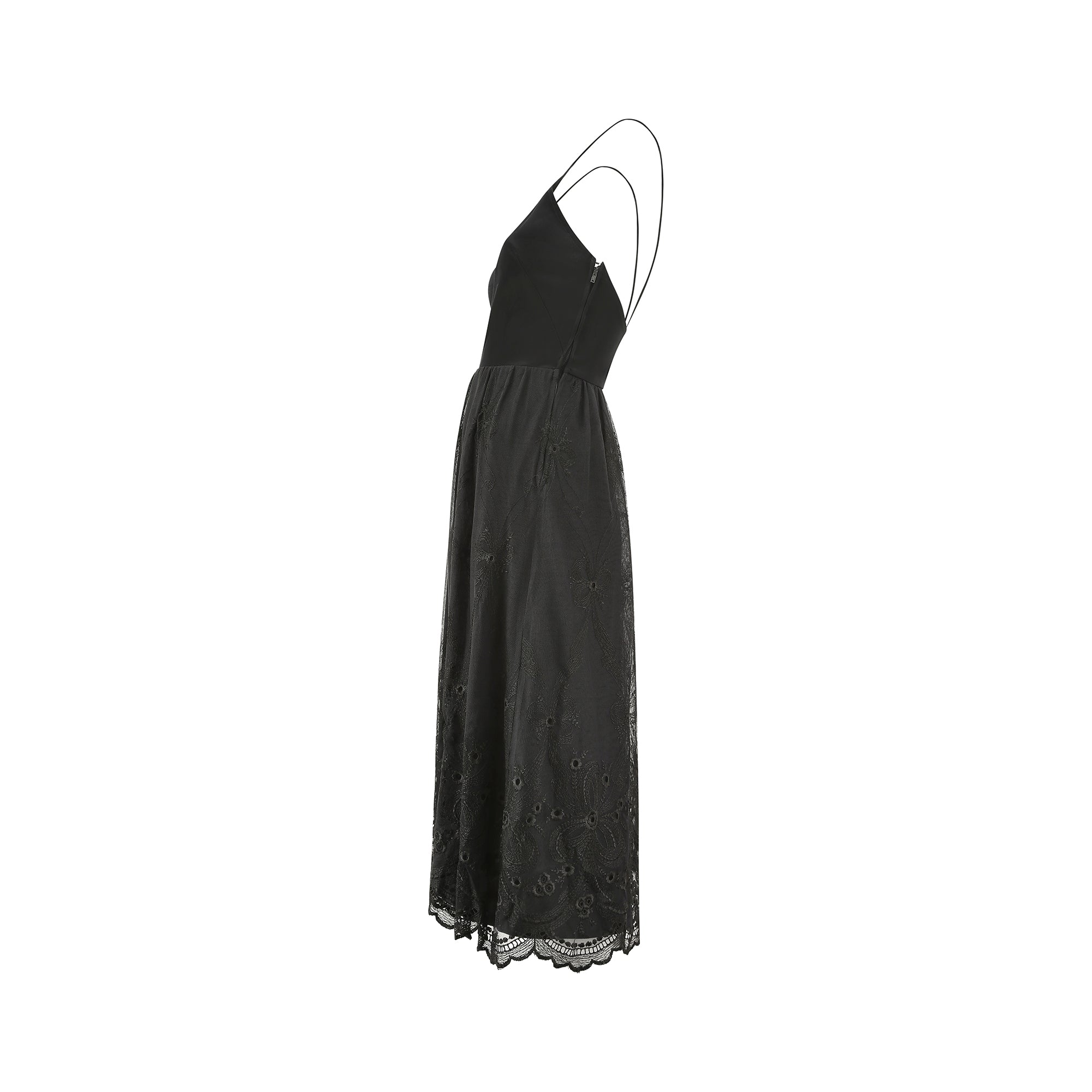 1980s Frank Usher Black Jersey and Lace Slip Dress