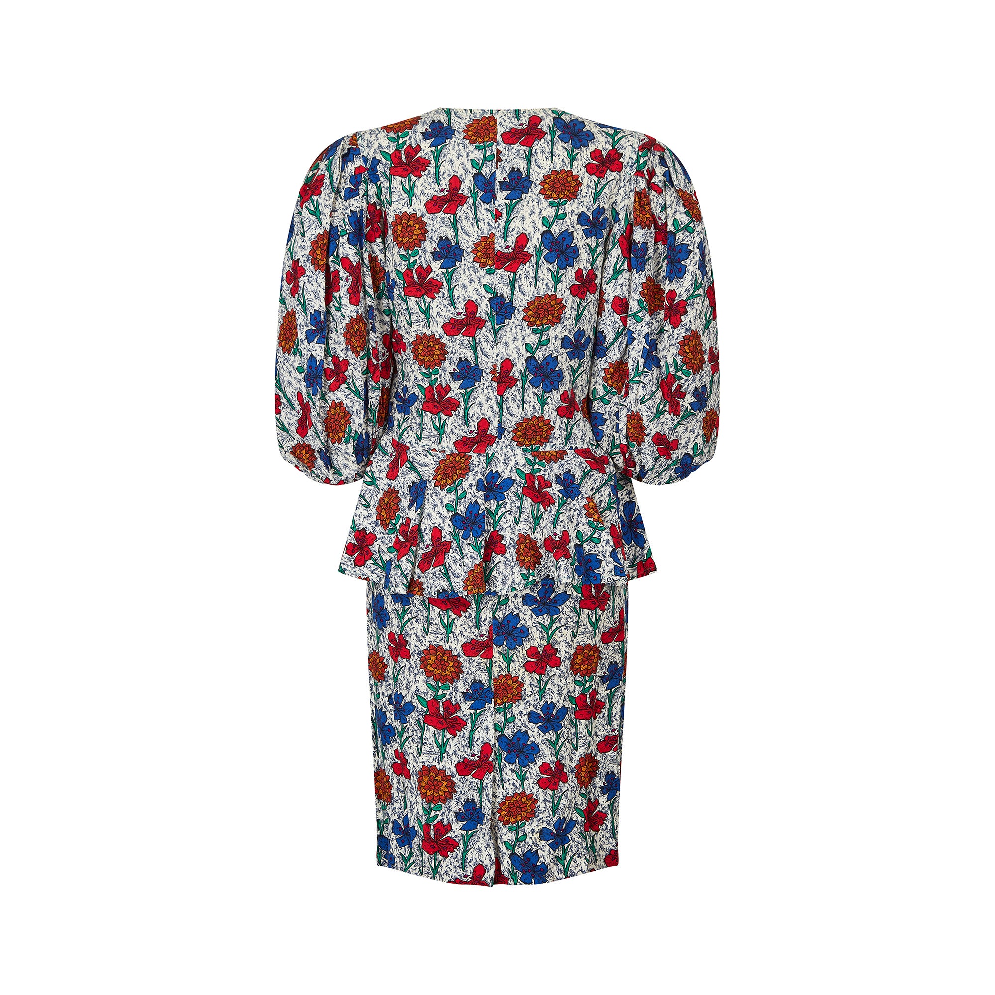 1980s Jean Muir Floral Cotton Peplum Skirt Suit