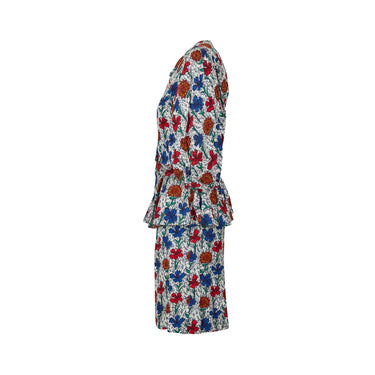 1980s Jean Muir Floral Viscose Peplum Skirt Suit