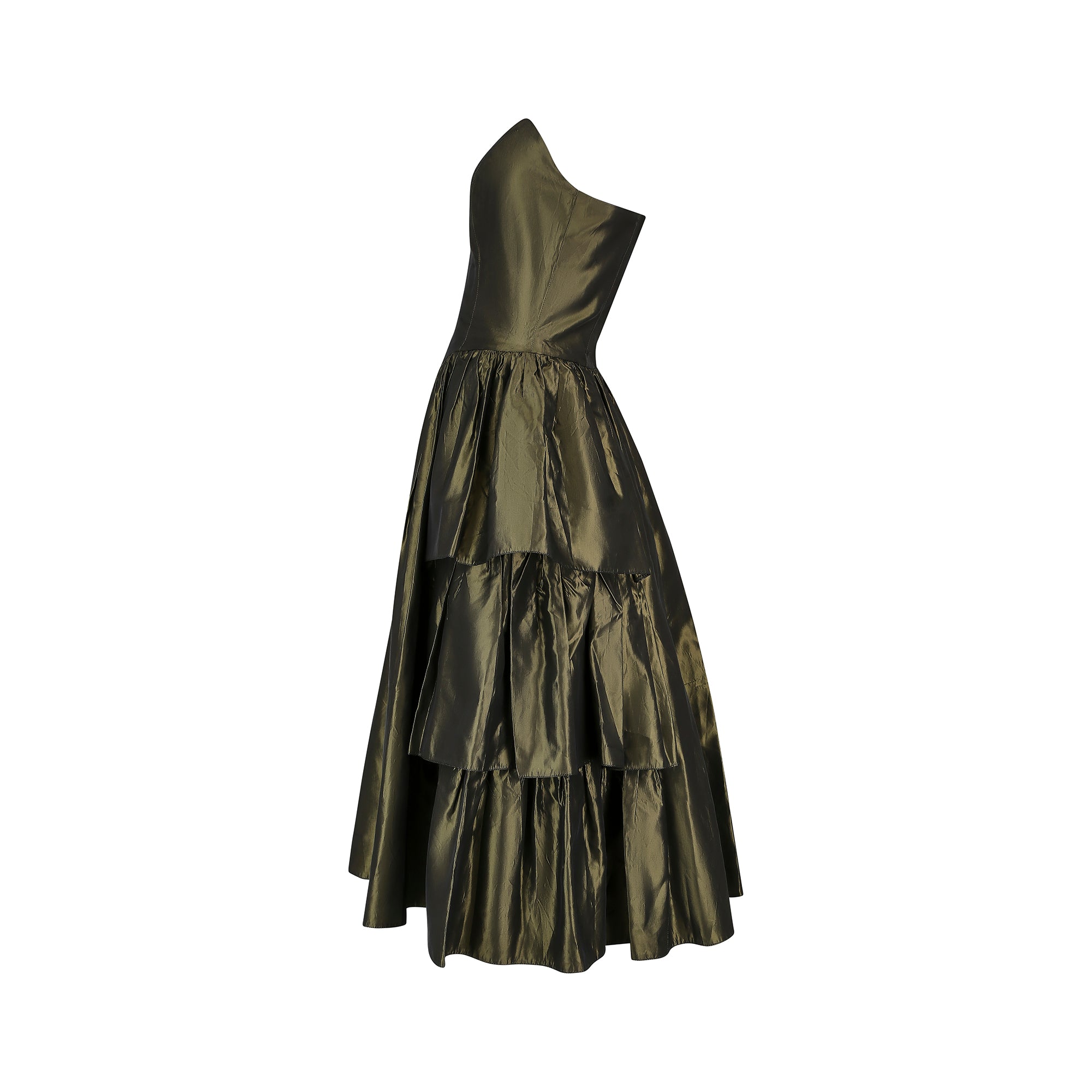 ARCHIVE - 1980s Katerina Strapless Olive Green Taffeta Dress