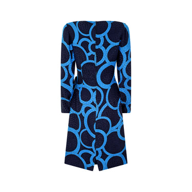 1980s Louis Feraud Navy and Turquoise Jacquard Silk Dress