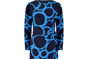 1980s Louis Feraud Navy and Turquoise Jacquard Silk Dress