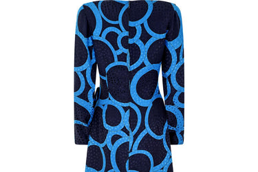 1980s Louis Feraud Navy and Turquoise Jacquard Silk Dress