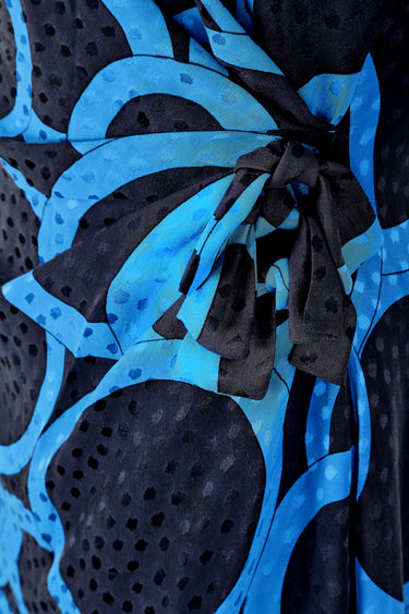 1980s Louis Feraud Navy and Turquoise Jacquard Silk Dress