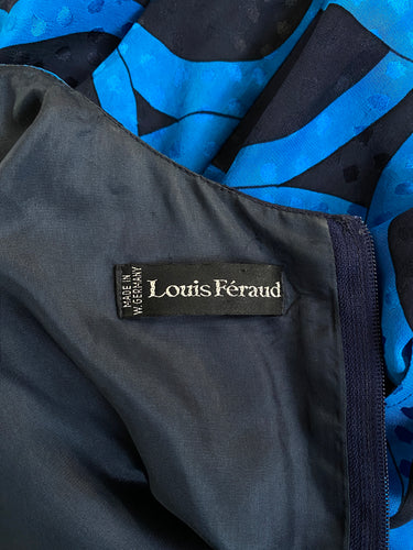 1980s Louis Feraud Navy and Turquoise Jacquard Silk Dress