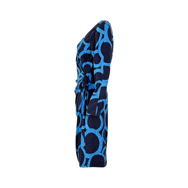 1980s Louis Feraud Navy and Turquoise Jacquard Silk Dress