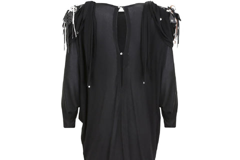 1980s Black Silk Jersey Batwing Dress with Leather Applique
