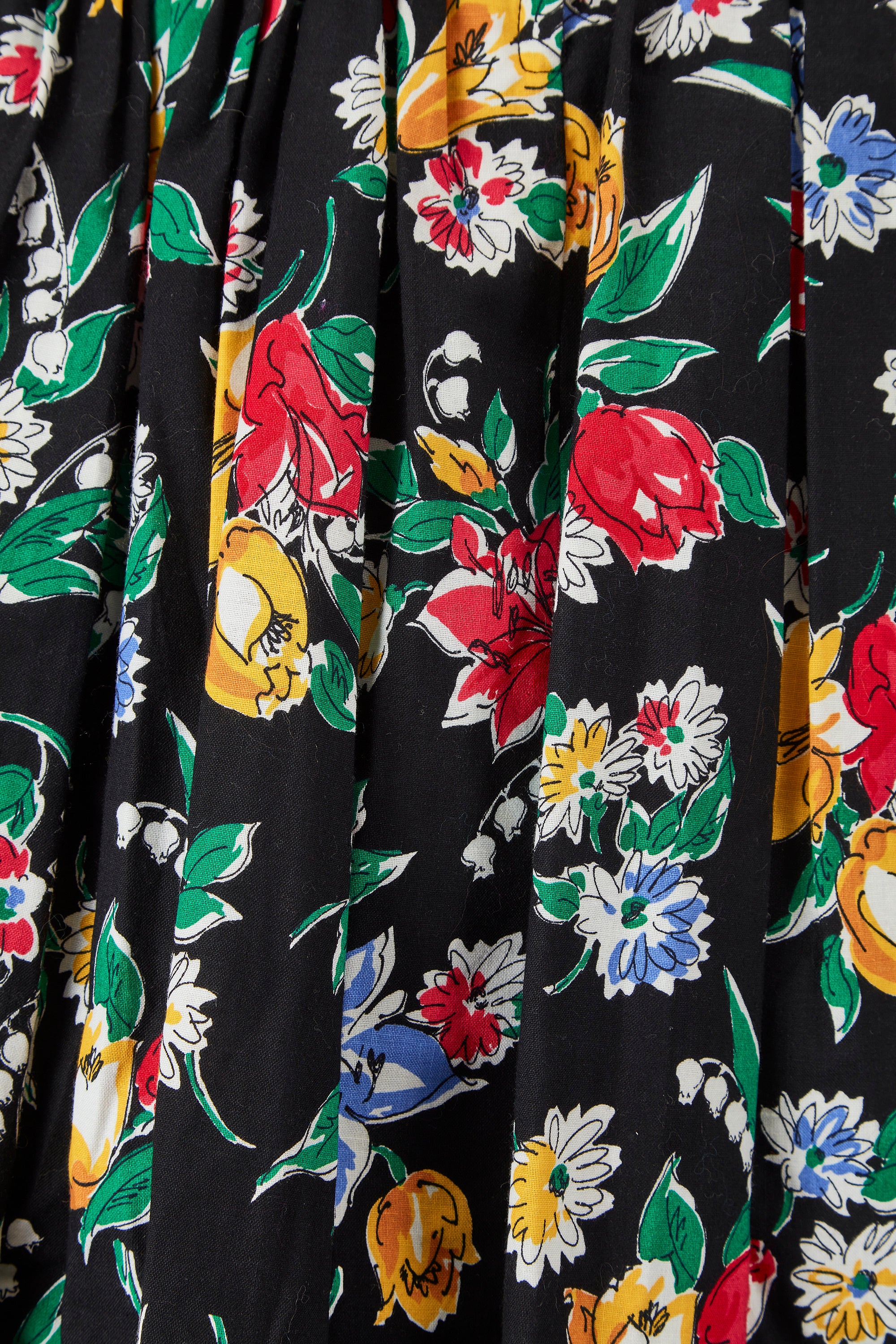 1980s Victor Costa Black and Floral Print Cotton Dress
