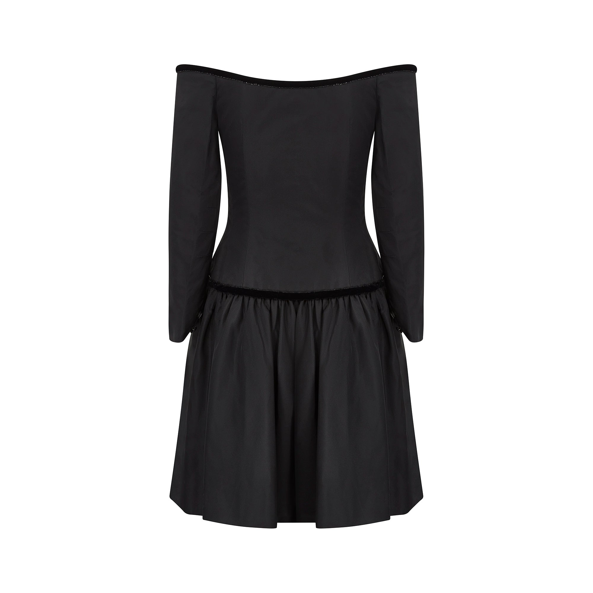 1980s Victor Edelstein Black Silk Cold Shoulder Velvet Ribbonwork Dress