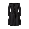 1980s Victor Edelstein Black Silk Cold Shoulder Velvet Ribbonwork Dress