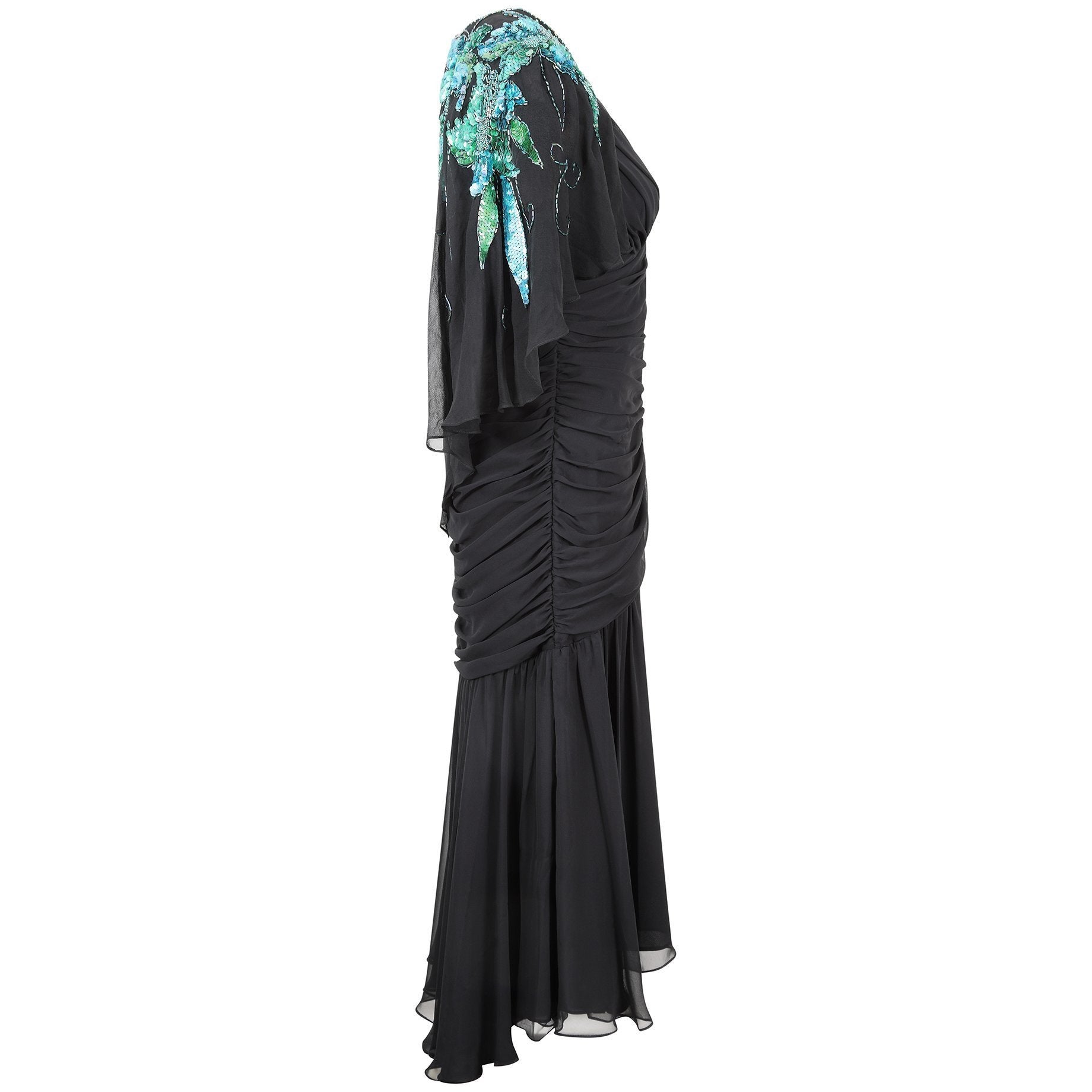 1980s Black Ruched Turquoise Sequinned Dress with Cape