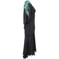 1980s Black Ruched Turquoise Sequinned Dress with Cape