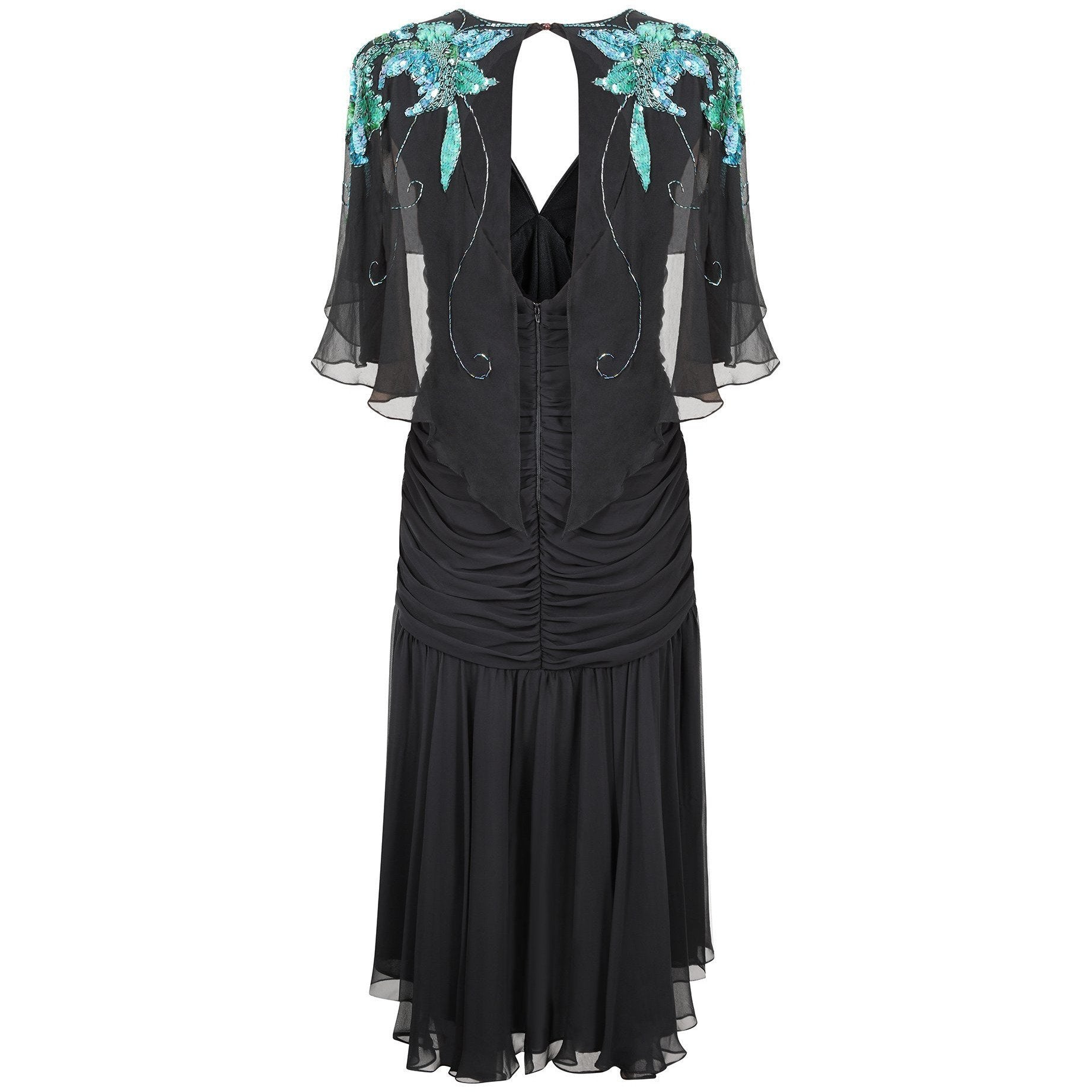 1980s Black Ruched Turquoise Sequinned Dress with Cape