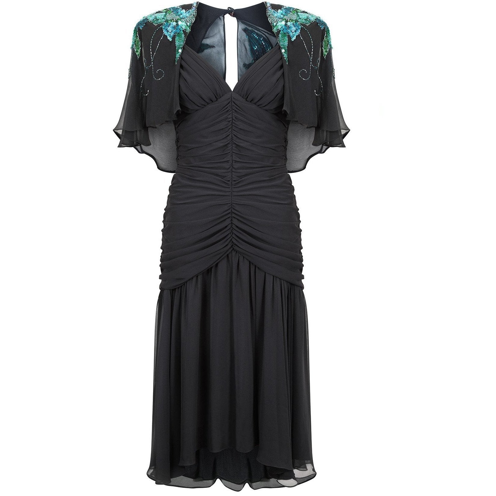 1980s Black Ruched Turquoise Sequinned Dress with Cape