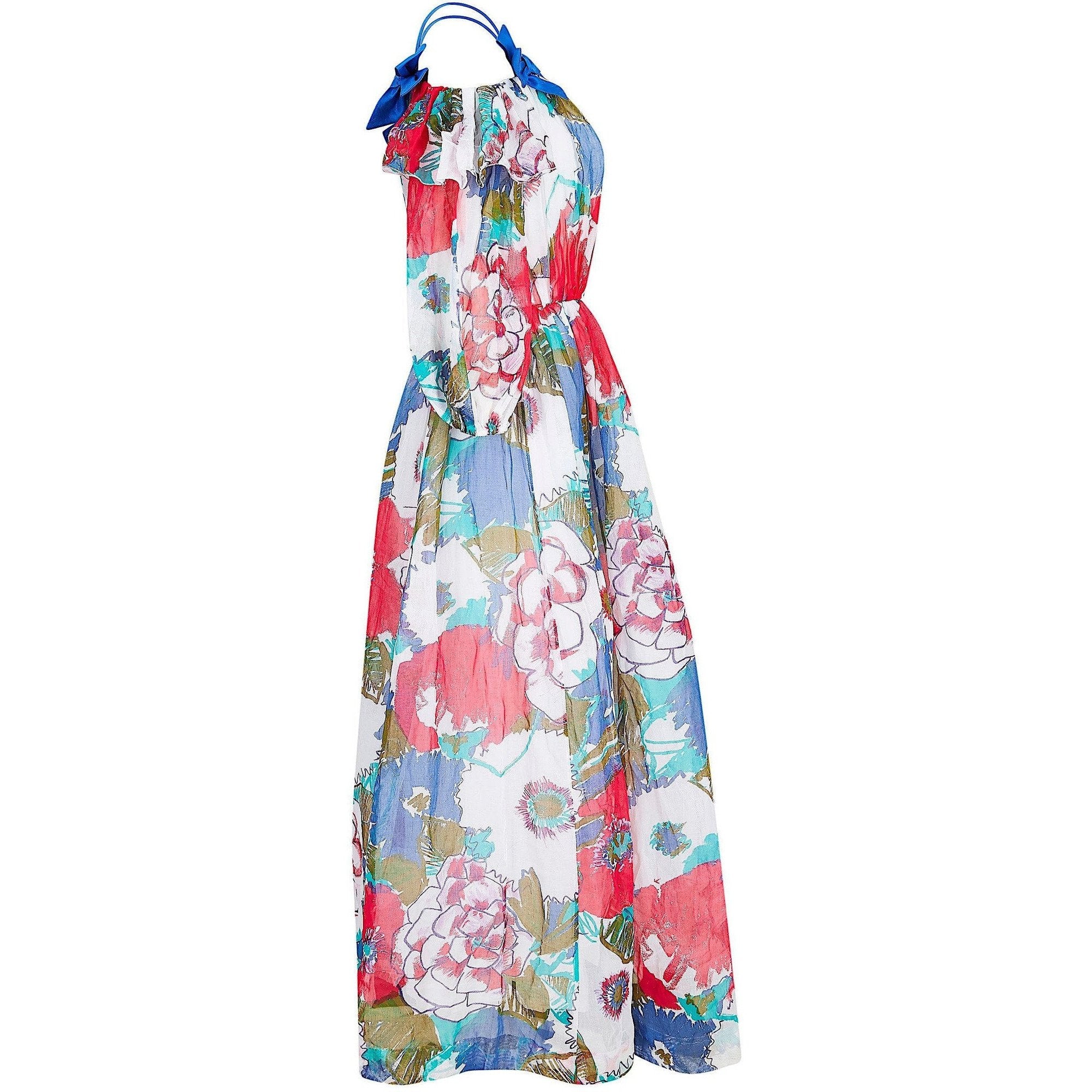 1980s Donald Campbell Printed Floral Cotton Organdy Maxi Dress