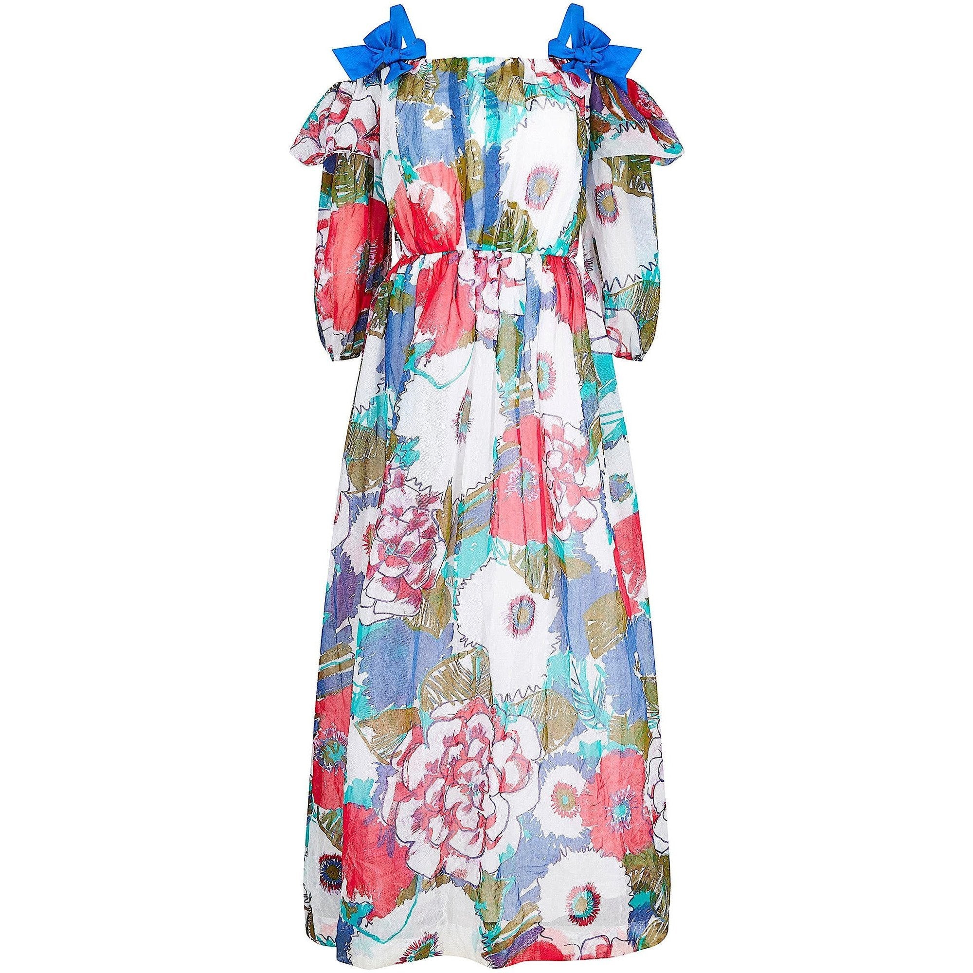 1980s Donald Campbell Printed Floral Cotton Organdy Maxi Dress