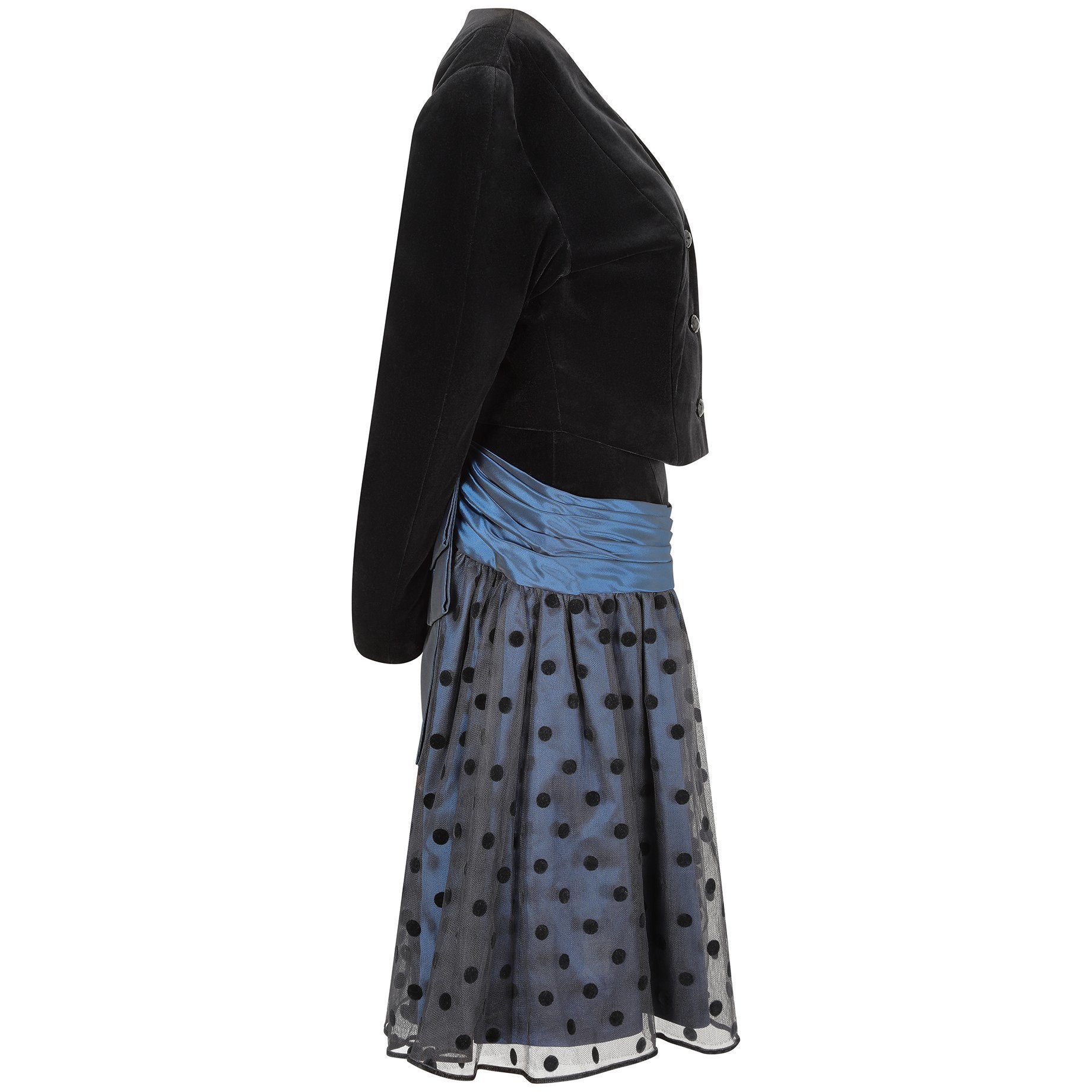 1980s Guy Laroche Blue and Black Velvet Polka Dot Dress Suit