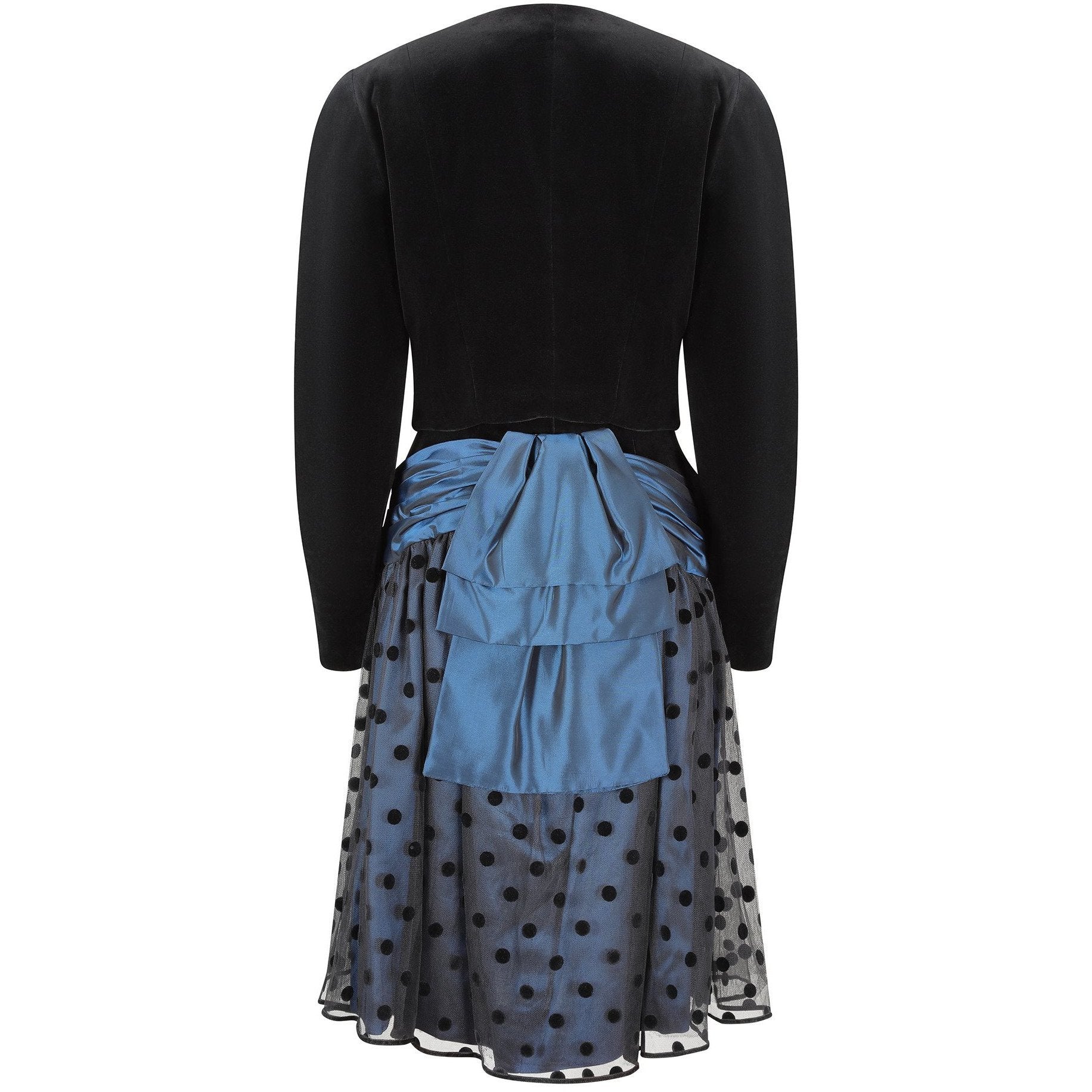 1980s Guy Laroche Blue and Black Velvet Polka Dot Dress Suit