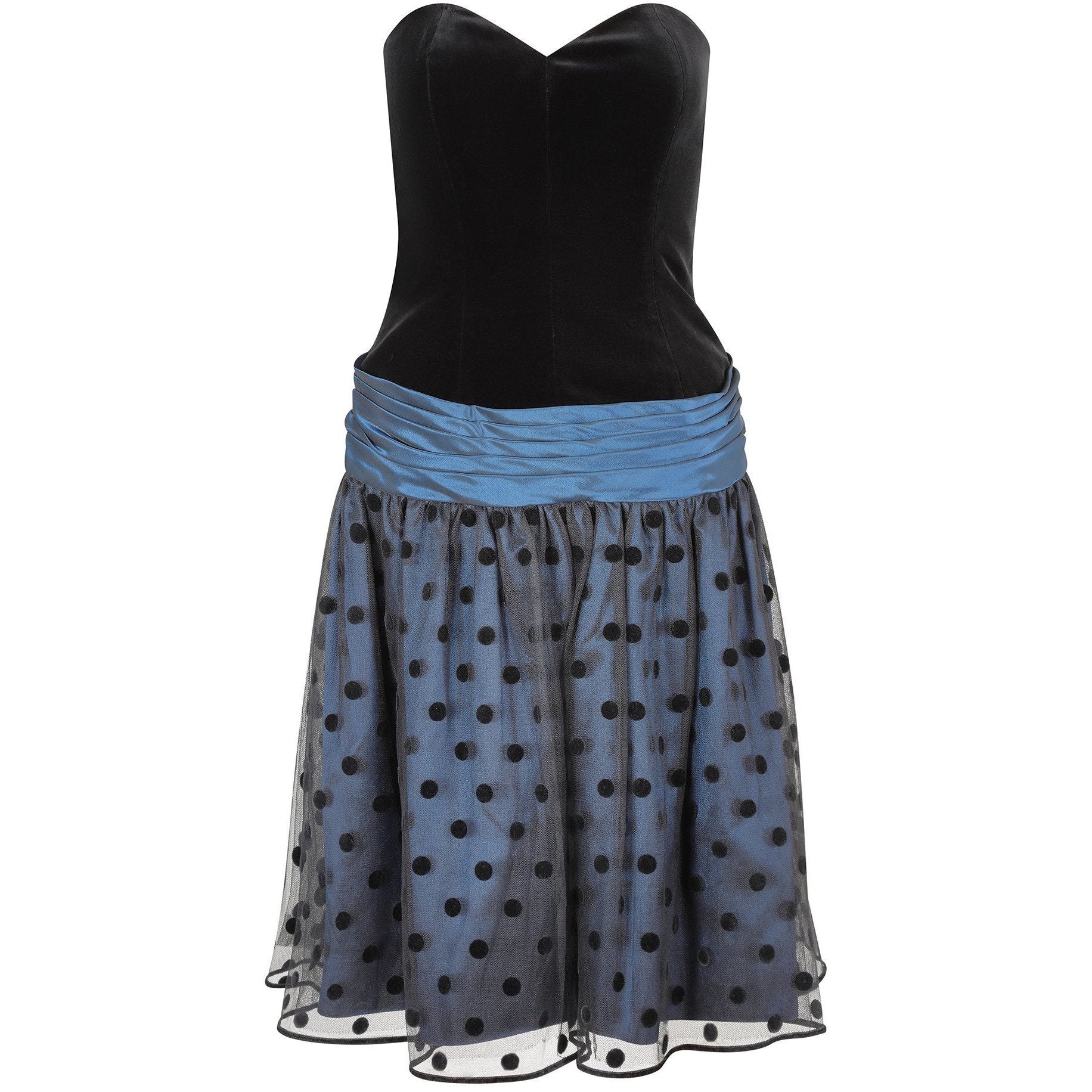 1980s Guy Laroche Blue and Black Velvet Polka Dot Dress Suit