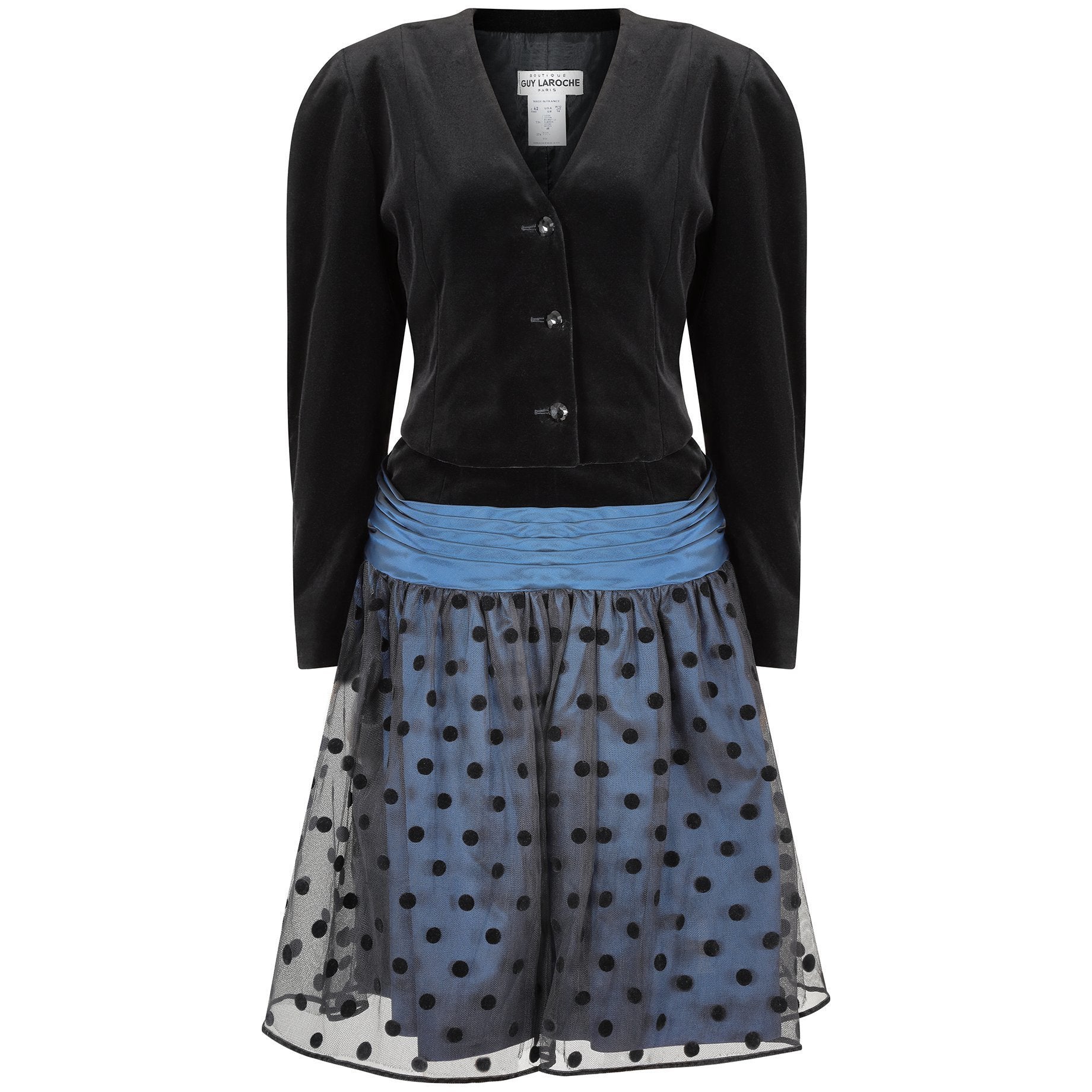 1980s Guy Laroche Blue and Black Velvet Polka Dot Dress Suit