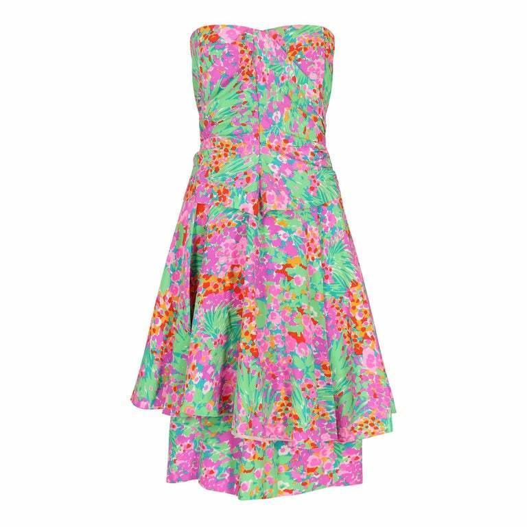 1980s J. Tiktiner French Silk Floral Strapless Dress