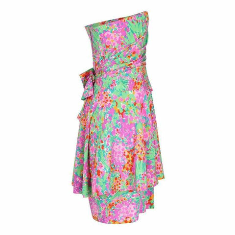 1980s J. Tiktiner French Silk Floral Strapless Dress