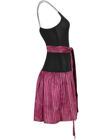 1980s Roland Klein Black Jersey and Striped Satin Dress