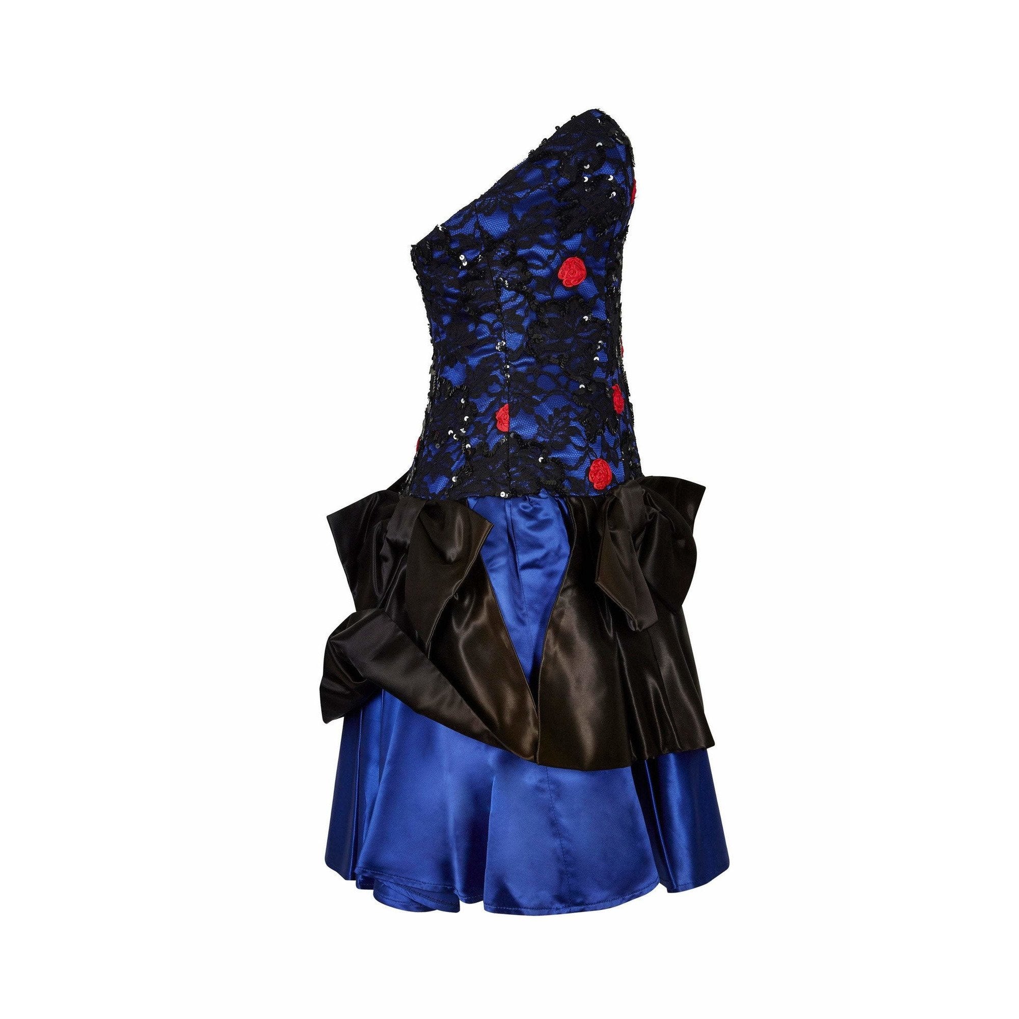 1980s Roots Blue Lace Bow Detail Cocktail Dress with Structured Bodice