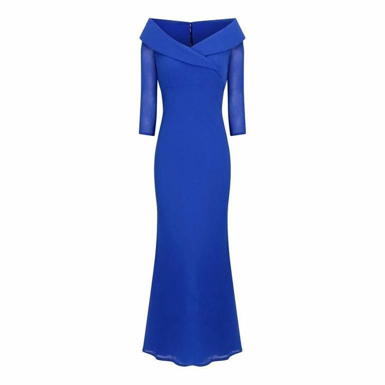 1980s Royal Blue Silk Chiffon Fishtail Evening Dress