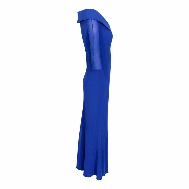 1980s Royal Blue Silk Chiffon Fishtail Evening Dress