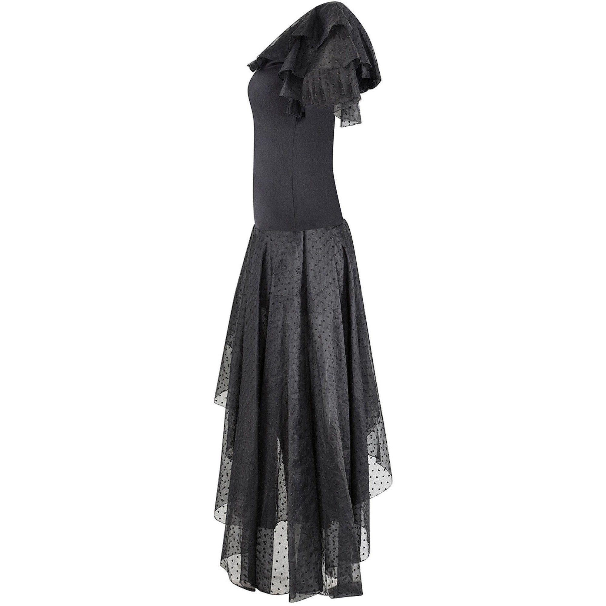 1980s Yves Saint Laurent Black Asymmetric Dress With Flamenco Style Trim