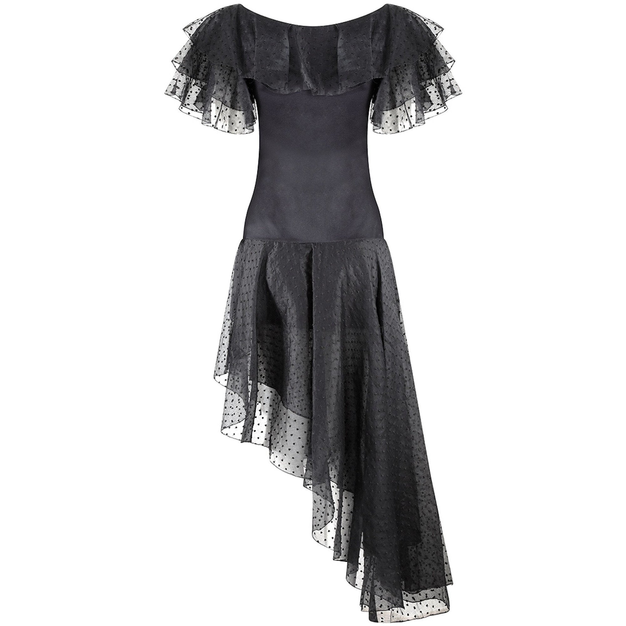 1980s Yves Saint Laurent Black Asymmetric Dress With Flamenco Style Trim