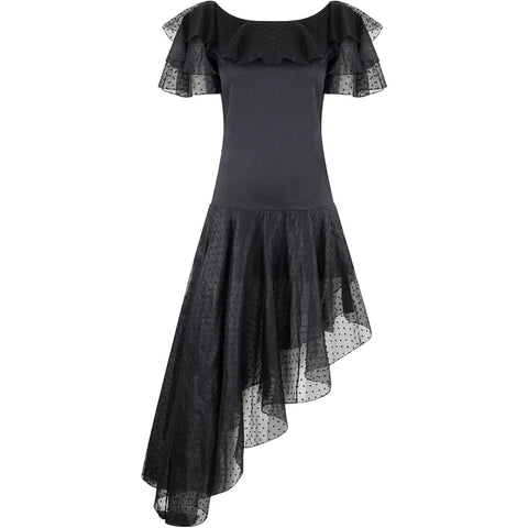 1980s Yves Saint Laurent Black Asymmetric Dress With Flamenco Style Trim