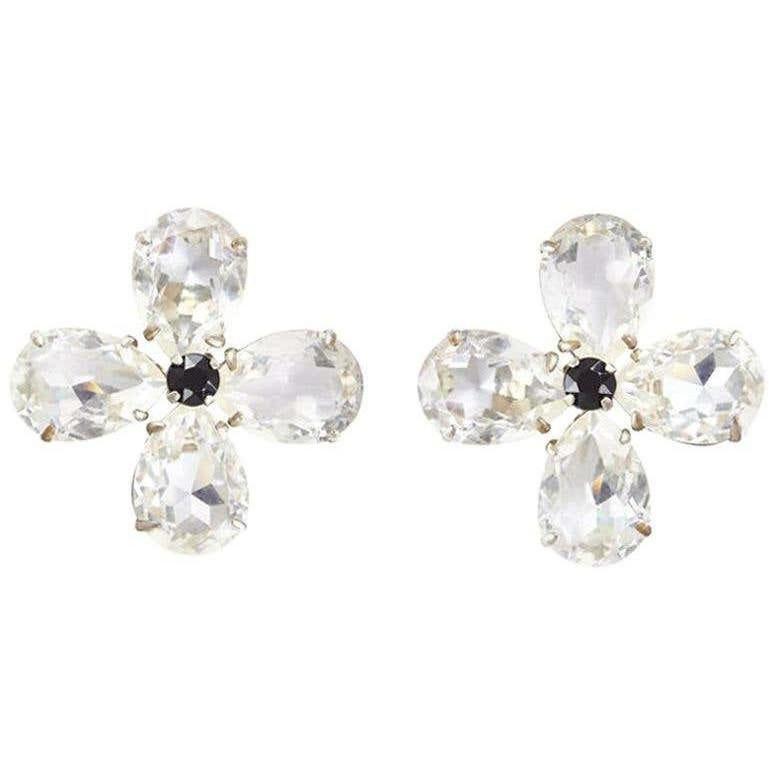 1980s Yves Saint Laurent Large Crystal Flower Earrings