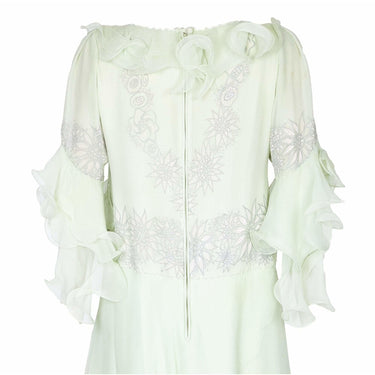 1980s Zandra Rhodes Pale Green Couture Silk Chiffon Dress
