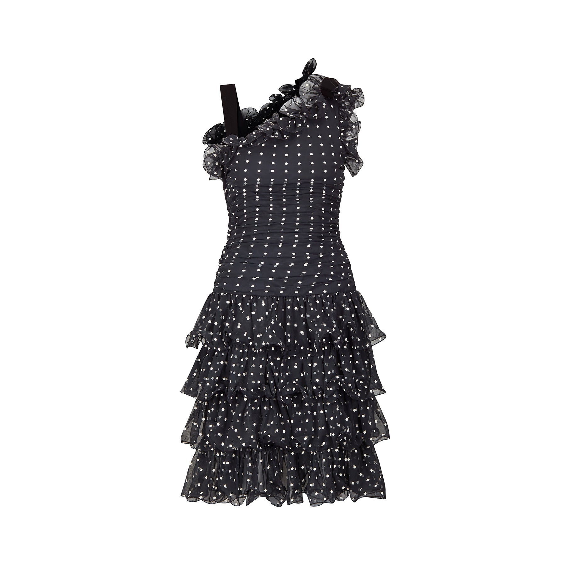 1990s Victor Costa Black and White Polkadot Ruffle Dress