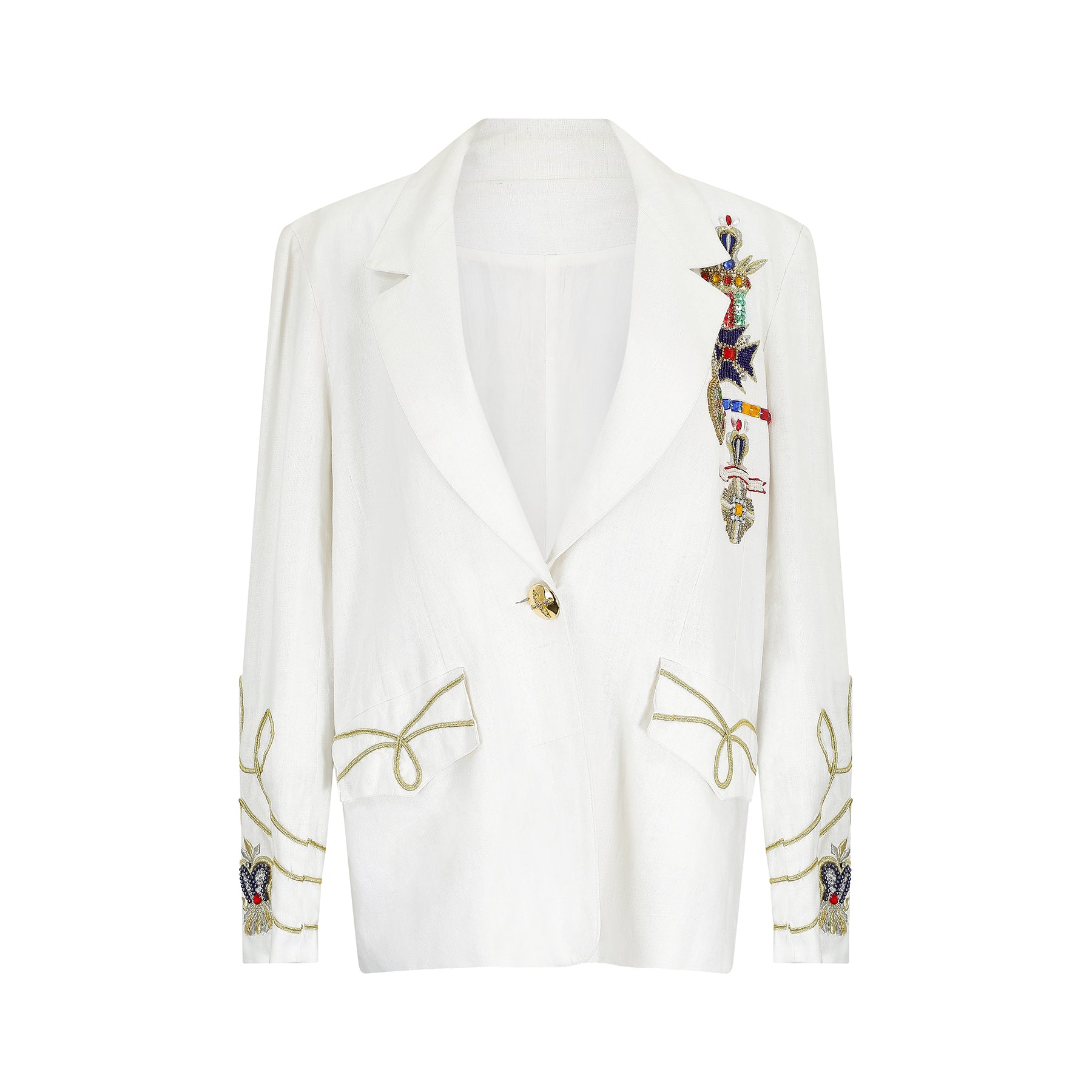 1980s White Linen Novelty Embellished Military Jacket