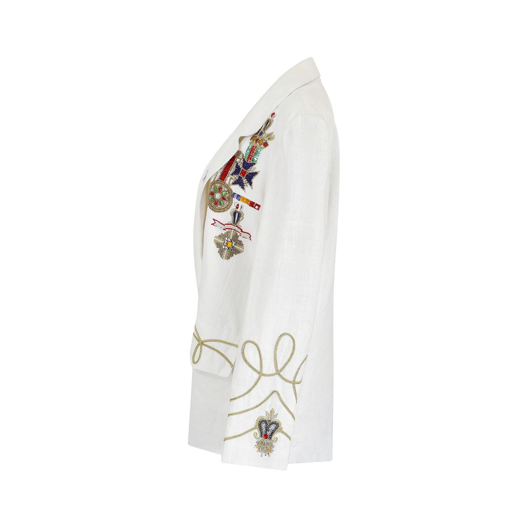 1980s White Linen Novelty Embellished Military Jacket