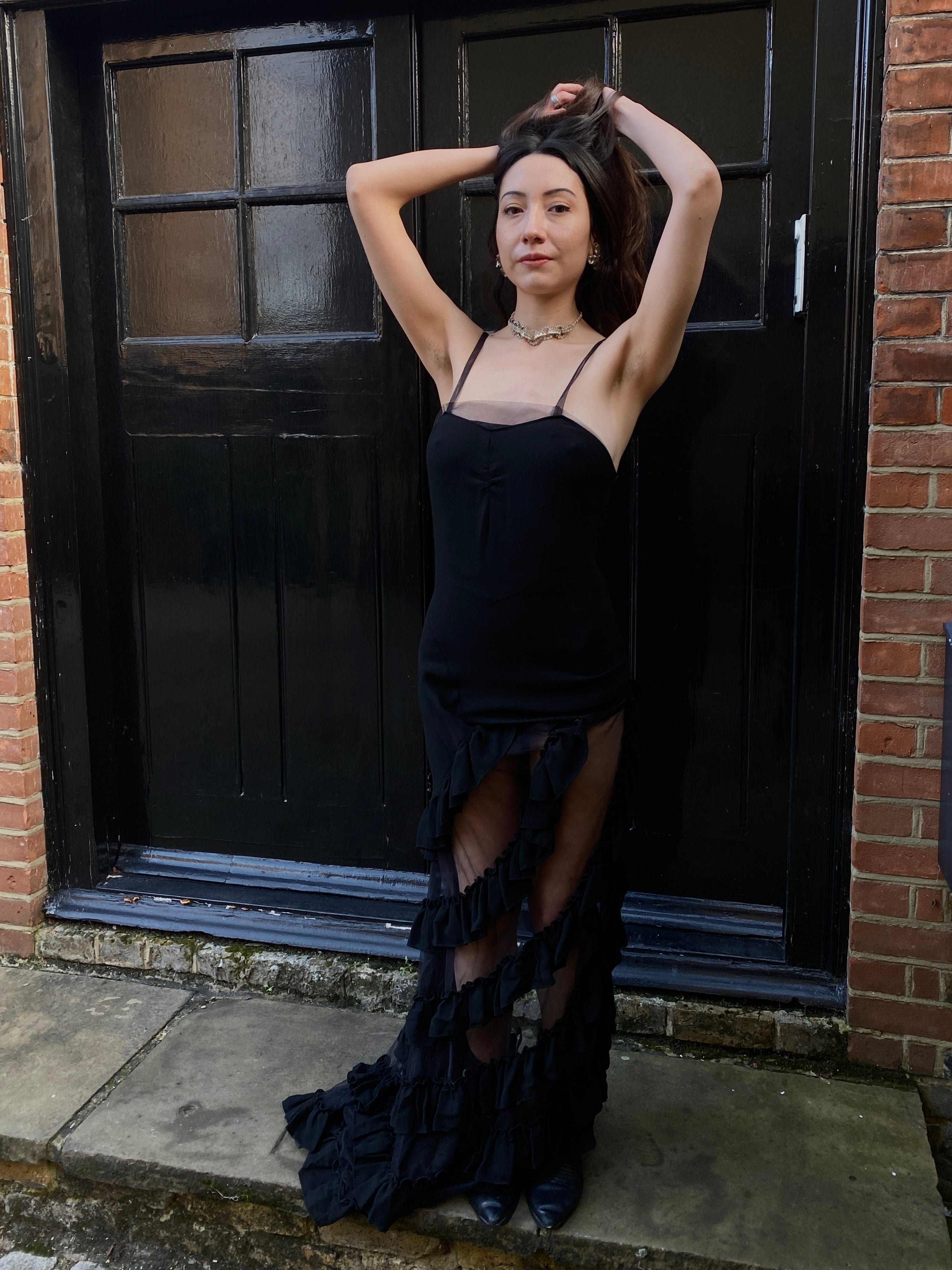 ARCHIVE - 1990s Alexander McQueen Black Crepe and Tulle Evening Dress CIRCA VINTAGE ARCHIVE - 1990s Alexander McQueen Black Crepe and Tulle Evening Dress CIRCA VINTAGE