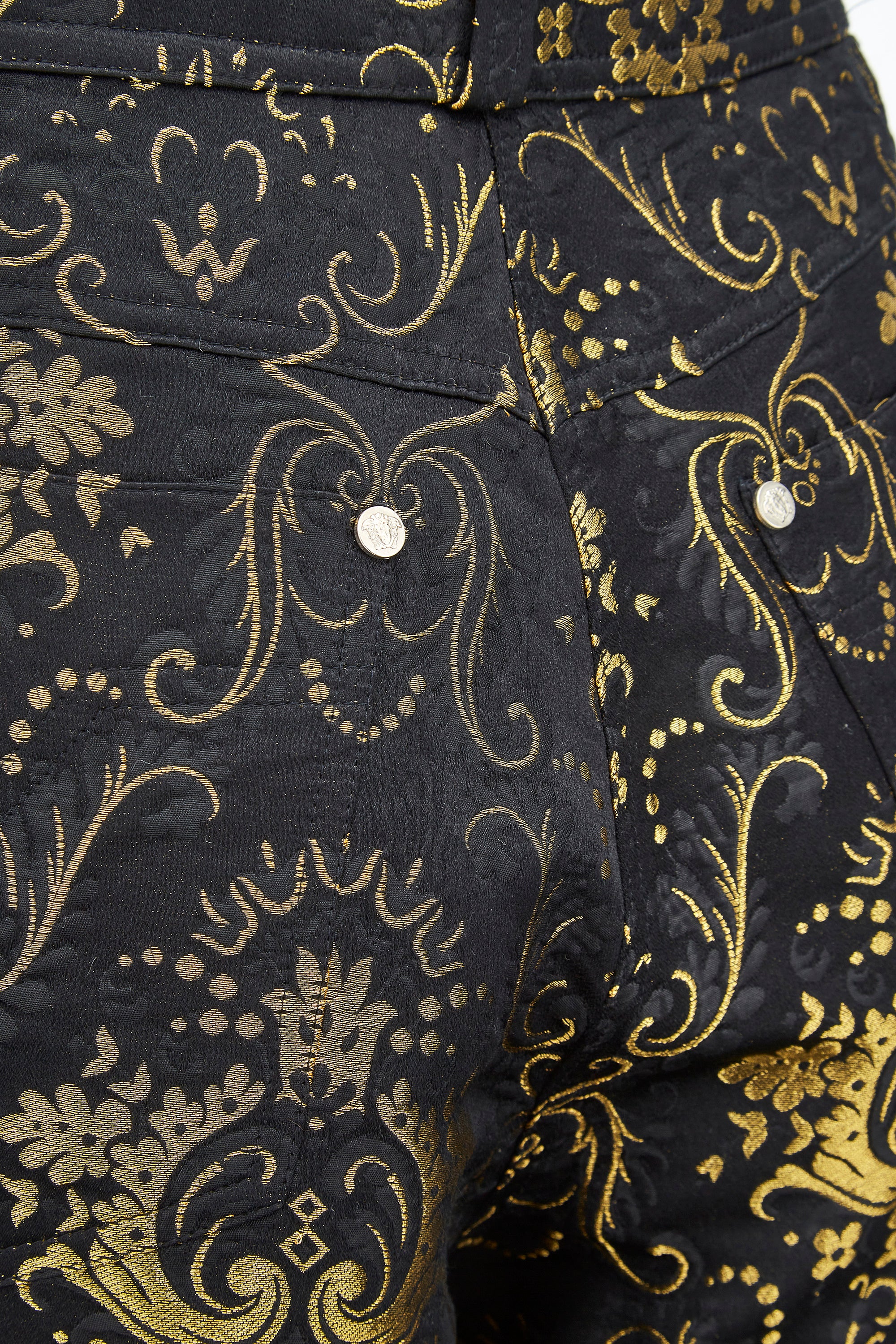 1990s Gianni Versace Couture Black and Gold Baroque Jeans