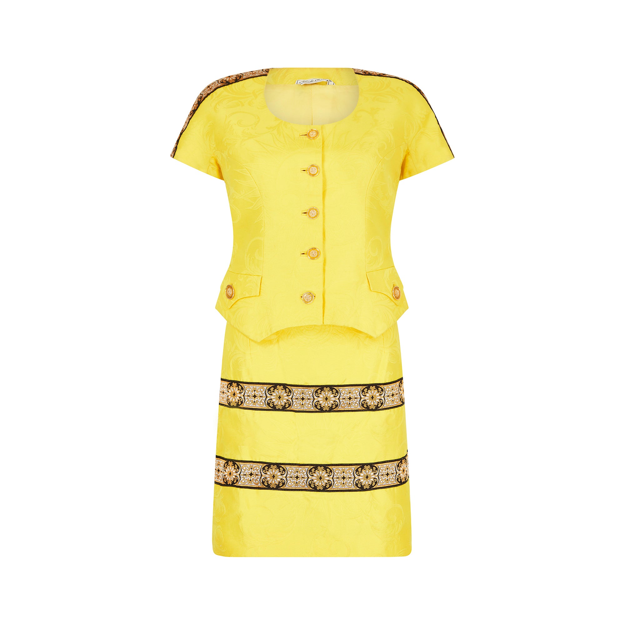 1990s Gianni Versace Couture Yellow Baroque Skirt Suit