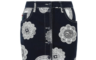 1990s Moschino Denim and Doily Novelty Print Mini Skirt
